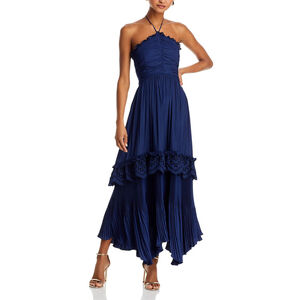 NWT RAMY BROOK Dulce Eyelet Ruffle Plissé Halter Maxi Dress Navy $685 - Size M